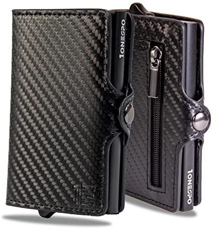 1onespo Porta Carte di Credito Uomo - Portacarte Slim con Portamonete e Contanti - Porta tessere e documenti tascabile protezione RFID, Nero