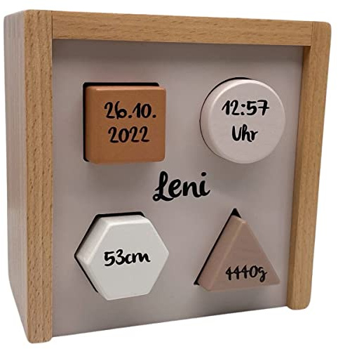 KIDSLINO Formen-Steckspiel Nougat | Personalisierbares Geschenk zur Geburt I Handmade Holzspielzeug ab 1 Jahr I Personalisierte Geschenke Baby I Label-Label | Steckbox mit Name & Geburtsdaten