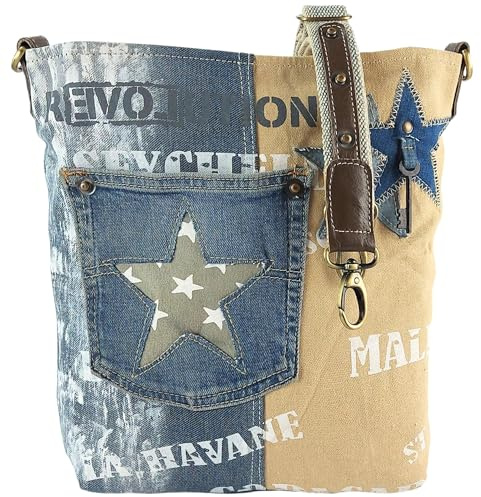 Sunsa Damen Umhängetasche. Nachhaltig Tasche aus recycelte Jeans & Canvas | Vintage Schultertasche mit Stern. Mittelgroße Crossbody Bag mit verstellbaren crossover Henkel. Jeanstasche für Freizeit