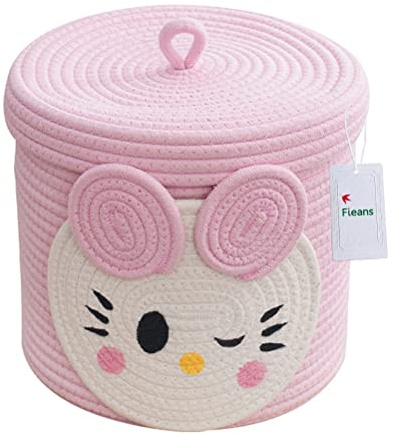Fieans Groß Aufbewahrungskorb Baumwollseil Geflochtener Wäschekorb Baby Mädchen Spielzeugkorb Kinderzimmer Dekorativer Körbe mit Deckel, Rosa Katze, 25 x 25 cm, S