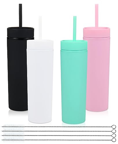 Volhoply 480ml Kunststoff Skinny Becher Mit Deckel und Strohhalm Bulk 4 Pack, Isoliert Doppelwand Bpa Frei Matte Acryl Becher, Eiskaffee Reisebecher Party Cup,Diy Geschenke(Farbe sortiert,4 Set)