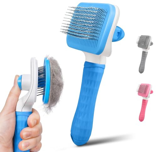 PWOD Dog & Cat Brush, Self Cleaning Slicker Brush for Pets, Upgraded Dog Brush for Shedding Massaging and Grooming, Removes Loose Undercoat & Portable Comb for Long Short Haired Dogs(Blue)