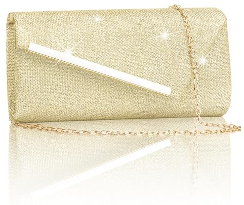 Larcenciel Damen Clutch Gold, Metallic Abendtasche mit Abnehmbarer Kette, Glitzer Pailletten Handtasche für Braut, Elegante Cross Body Umhängetasche für Hochzeit, Party, Bankett, Date (23x5x12cm)