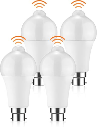 TIMIOTC Motion Sensor Light Bulb - 4 Pack 12W B22 Smart Light Bulbs PIR Motion LED Bulb Auto On/Off Bayonet Smart Life Bulb for Stairs Garage Basement Corridor (Cool White 6000K),(Z-4341037)