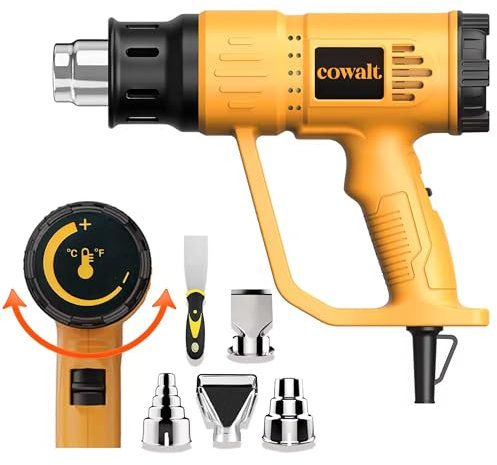 COWALT Heat Gun, 1800W Hot Air Gun with Adjustable Temperature 122-1200°F, Dual Speed Settings for Vinyl Wrap, Epoxy Resin, Crafts, Shrink Tubing - 4 Nozzles & Scraper Included