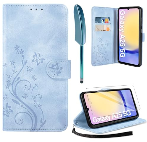 AROYI Läderfodral kompatibelt med Samsung Galaxy A25 5G, fodral och skyddsfilm, plånbok, mobiltelefonfodral, läderväska, kortplatser, skyddsfodral, kompatibelt med Samsung Galaxy A25 5G, dimblått