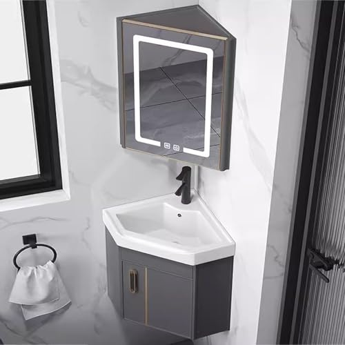 DYUNCZ Eckwaschbecken mit Unterschrank, Eckwaschbeckenunterschrank mit Waschbecken und Beschlagfreiem LED-Spiegelschrank, Kleiner Waschtisch Set, Waschbeckenunterschrank Hängend(Grau,43cm/16)
