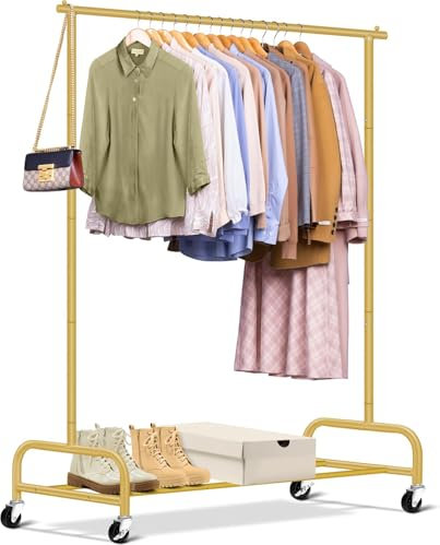 MISSLO Heavy Duty Clothes Rail for Bedroom, 110 CM Rolling Clothes Racks for Hanging Clothes Metal Garment Rail on Wheels for Coats, Dress, Clothing (Gold)