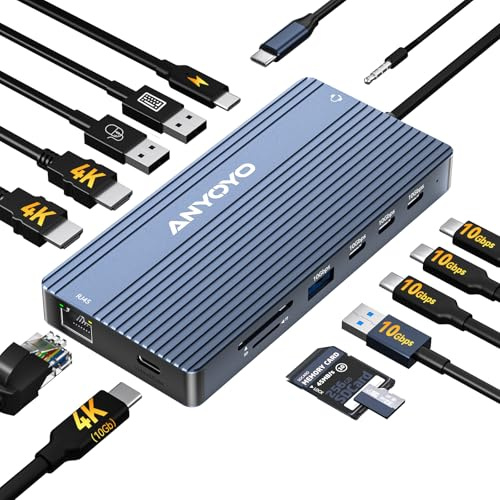ANYOYO USB-C-Dockingstation mit Zwei HDMI-Monitoren, 14-in-1-Dockingstation mit 4K60Hz (2 HDMI+USB-C-Videoanschlüsse) 10 Gbit/s (3*USBA+C), PD100W, Laptop-Dock