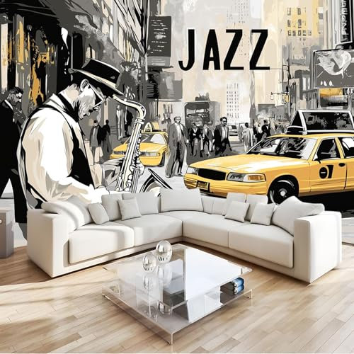 Musica Saxofon Fotomural banda de jazz callejero de nueva york Fotomural Pared, 250x175 cm Papel Pintado 3D, Fotomurales Decoración de Comedores Moderna Lana Sala Cuarto Salón