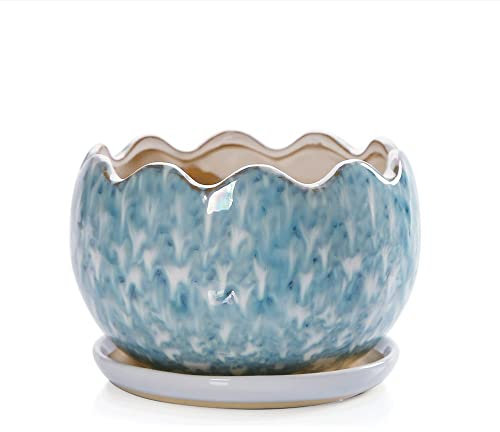 Pots de fleurs modernes en céramique pour herbes en plein air Jardinière élégante pour cour et bureau Pot de fleurs bleu avec palette 26 cm x 17,5 cm