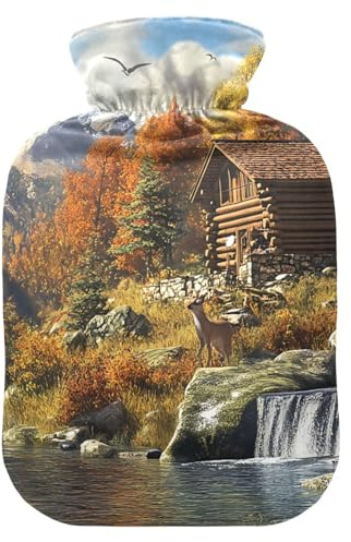 Mountain Stream Herbst-Wärmflasche mit weichem Bezug, Fußwärmer mit weichem Bezug, Wärmbeutel zur Schmerzlinderung, 1 Liter