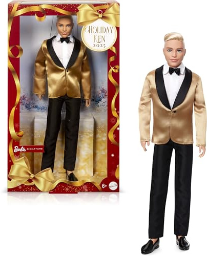 Barbie Signature 2025 Holiday Blonder Ken Modepuppe zum Sammeln in komplettem Anzug mit Goldener Jacke in Einer Verpackung zum Ausstellen und mit Puppenständer, JGK55