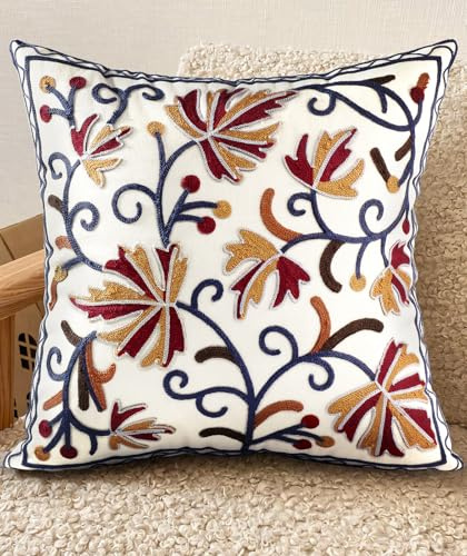 Kokaaee Embroidered Throw Pillow Cover - 18x18 Decorative Pillow Cover with Zipper Aesthetic Cute Design Boho Spring Summer Throw Pillowcase for Living Room Couch Sofa Bed, Fall Flower