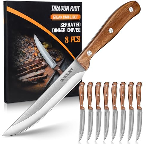 DRAGON RIOT Steakmesser-Set 8 Teilig, Steak Messer mit mit Holzgriff, Steakbesteck mit Geschenkbox