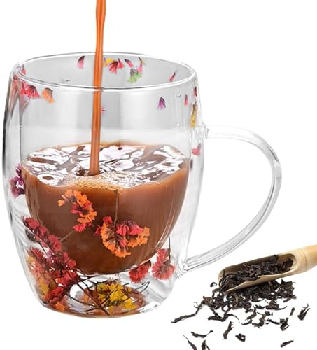 Taza de té de de flores | Taza de café transparente con asa | Taza de bebidas de doble pared, tazas de capuchino para café con leche, té, café expreso, bebidas calientes, leche, capuchino
