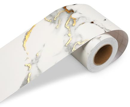 LACHEERY Bordi Adesivi per Pareti Bianco 7.6cm x 500cm Marmo con Venature Dorate e Grigie Carta da parati Bordo Adesivo per Mobili Impermeabile Perfetto per Pareti Specchi Cornici Tavoli Sedie