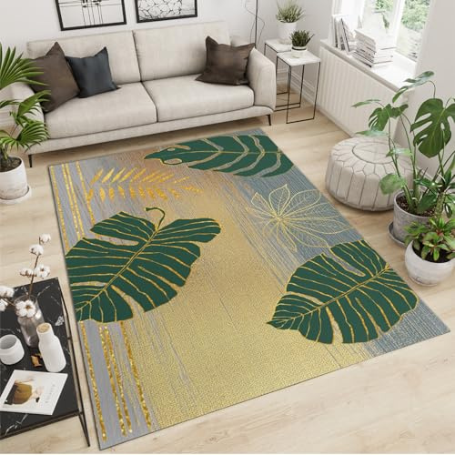 Monstera - Alfombra grande abstracta de 200 x 290 pulgadas, antideslizante, lavable, líneas doradas, alfombra creativa para sala de estar y dormitorio, alfombra fácil de limpiar para decoración del