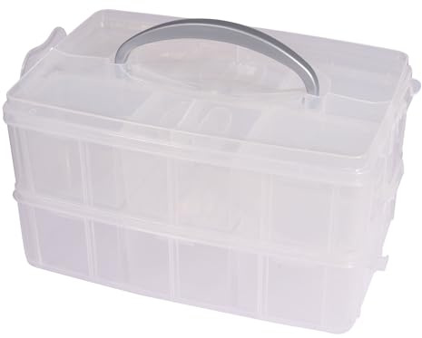 Rayher Caja almacenamiento y clasificadora con asa, 2 niveles, 23,1 x 15,6, altura 13 cm, plástico, transparente, óptimo para piezas pequeñas, juguetes, herramientas, costura, bricolaje, 47001000