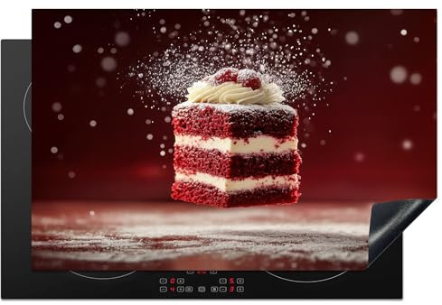 KitchenYeah© Herdabdeckplatte 80x52 cm Einteilig Ceranfeld Abdeckplatte für Induktionsschutz Ceranfeldabdeckung Vinyl Herdabdeckplatten Rot - Samt - Torte - Essen