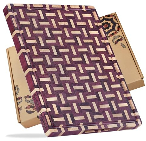 YOUSUNLONG Planche à découper extra-large en bout de grain - Bois de Purple Heart - Billot de boucher renforcé 61 cm L x 46 cm l x 3,8 cm ép - avec rainure à jus et poignée - Plan de travail cuisine