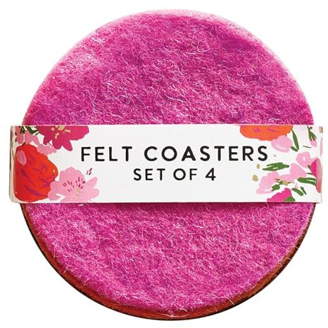 Santa Barbara Design Studio Wool Felt Coasters for Drinks Absorbent Round Moisture Wicking Coaster, Set of 4, Pink/Spice/Maroon/Green