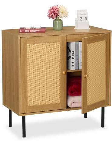 Relaxdays Sideboard, 80x80x40 cm, Kitchen Storage Cabinet, 2 Rattan Design Doors, Living Room Cupboard, Organizer Unit, Iron, Plastic, Fibreboard