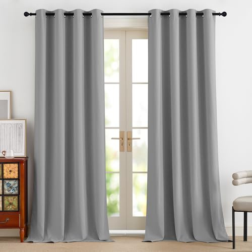 PONY DANCE Verdunkelde Gardinen Wohnzimmer Thermo Vorhänge gegen Hitze | 2er Set, H245 x B140 cm, Silbergrau, Abdunklungsvorhänge, Hitzeschutz, Sichtschutz, UV-Schutz, mit Ösen, für Schlafzimmer