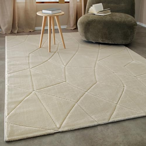WECONhome Kurzflorteppich – Moderner Teppich mit weicher Haptik & geometrischem Linienrelief – OEKO-TEX zertifiziert, Pflegeleicht & geeignet für Fußbodenheizung - Unplugged (80 x 150 cm, sand beige)