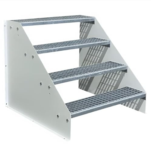 SRM Design 4 Stufen Standtreppe M1 Breite 80 cm weiß | Höhe 84 cm freistehend ohne Geländer Stahltreppe Wangentreppe Gitterrosttreppe Außentreppe Industrietreppe