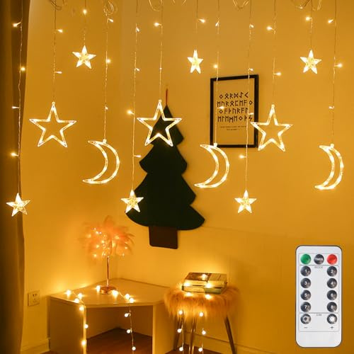 YAPJOY Led Curtain String Star Moon Light, 3.5m Star Curtain Lights Battery Operated, LED Window Lights with 8 Flashing Modes for Christmas, Halloween, Wedding, Party, Home, Terrace(Warm White)