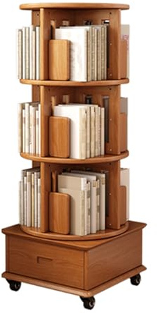 360° drehbarer Bücherturm – platzsparendes 4-stöckiges Bücherregal aus Holz mit Rollen und Schubladen, Ecknizer für kleine Räume, Schlafzimmeraufbewahrungslösung (Holz-Finish, 47,9 x 47,9 x 10,2 cm)