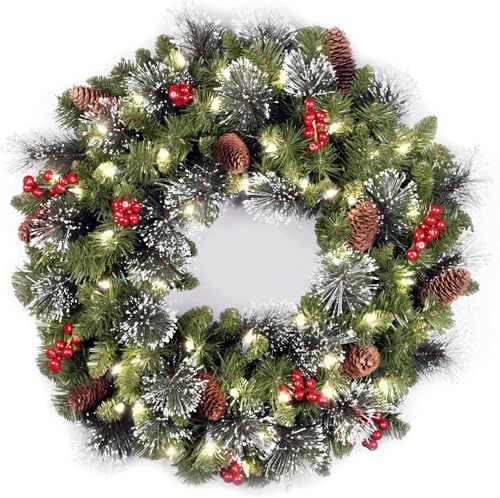 KOIUEYW Ghirlanda natalizia artificiale per porta, 60 cm, corona dell'Avvento artificiale con luci, decorazione per porta di casa, decorazione natalizia con frutti rossi, coni di pino, ago di pino