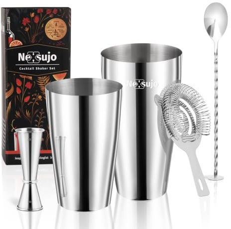 Nexsujo Boston Cocktail Shaker Set, 4-Piece Bar Tools Set, Professional Bar Set with Boston Shaker, Bar Spoon, Jigger, Hawthorne Strainer, Stainless Steel, Dishwasher Safe, Ideal Bartender Kit for Bar