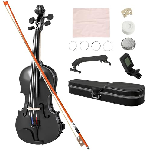 HOMCOM Violín 4/4 de Tamaño Completo de Madera, Set de Violín para Principiantes, Adultos y Niños, con Estuche Ligero, Arco, Colofonia, Afinadores, Cuerdas y Soporte para Hombro, Negro