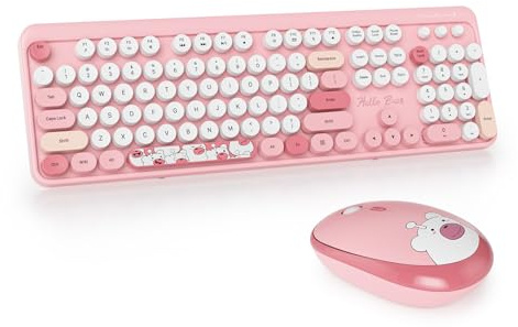 Vumilstek Cute Pink Keyboard and Mouse Wireless, American QWERTY Retro Typewriter 2.4GHz Full Size Round Keycap with Number Pad for Students Home Office PC Laptop(Bear Pink)