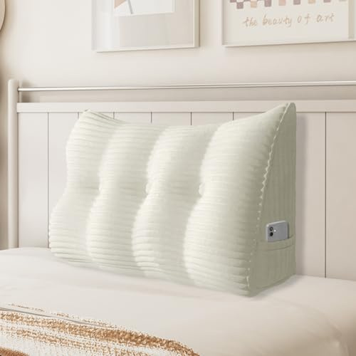 BNCKTRD Keilkissen Sofa Dicklich Rückenkissen Lesekissen für Bett und Couch, Rückenlehne Kopfende, Dreieckiges Sofakissen Bücherkissen, Wandkissen für Bett Herbst Winter, Kordsamt Weiß 100cm