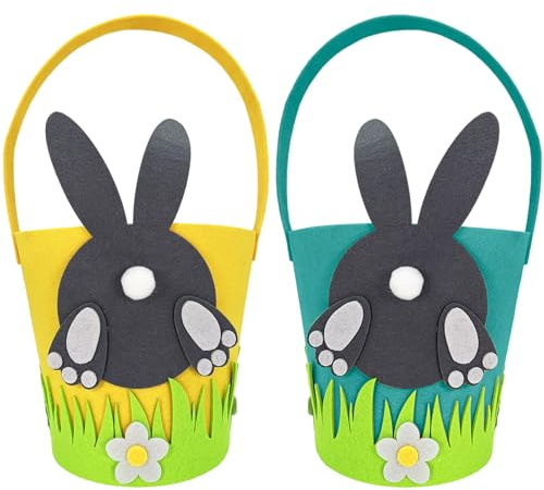 2 Pcs Easter Bunny Egg Felt Baskets – Cute Black Rabbit Bottom Design, Reusable Fabric Treat Buckets with Handle, Festive Spring Grass and Flower Decor Perfect for Easter Egg Hunts, Kids Party Favors