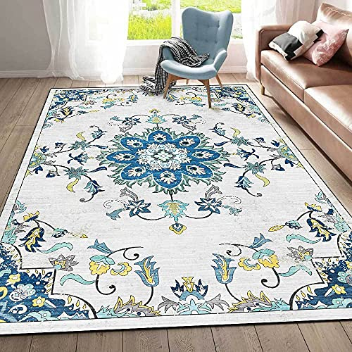 Chanxiang666 Home Teppich Wohnzimmer 140x200cm Floraler Ethno-Stil, blau und weiߠ Flur Korridor Wohnung Dekoration rutschfest Waschbar Teppiche 140x200cm