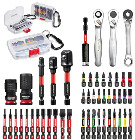 GEINXURN Driver Bits & Mini Wrench Set, Magnetic S2 Steel Screwdriver Bits (PH, PZ, SL, Hex), Mini Socket Wrench, Socket Adapter and Impact Bit Holder All in 3 Storage Boxes for Repairs