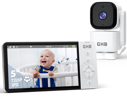 GHB Baby Monitor Video e Audio 5'' 720HD IPS 5000mAh Schermo, 350° Rotante, Rilevamento della Temperatura, Visione Notturna, Interfono Bidirezionale, VOX, Ninne Nanne, Senza Wifi