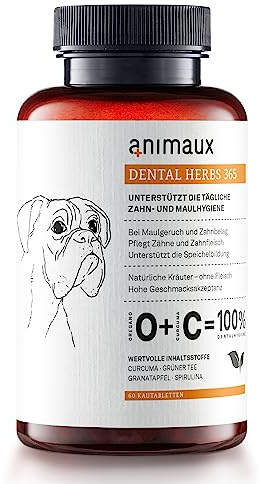 Zahnpflege für Hunde ohne Zähneputzen – Kautabletten gegen Maulgeruch & Zahnstein – Mit Curcuma, Spirulina & Grünem Tee – 60 Stück – animaux Dental Herbs 365