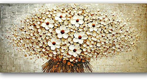 Orlco Art Ölgemälde mit blauem Kirschblütenblatt und blauem Baum, handbemalt, groß, abstrakte Kunst, Wanddekoration, Palettenmesser, strukturiert, Ölgemälde, weiß, 24x48inch (60x120cm)