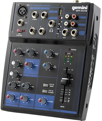 Gemini Sound GEM-05USB - Audio Mixer Analogico a 5 Canali Compact 5 Channel Incluso un Canale MIC a Basso Rumore, 2 Band EQ, Riproduzione USB da Dispositivi USB e Streaming Bluetooth