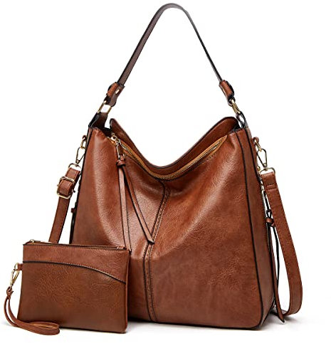 Lifetooler Handtaschen Set Gross Leder Schultertasche Umhängetasche Geldbörse Hobo Damen Taschen Set für Büro Schule Einkauf Reise eschenke für Frauen 2pcs(braun)