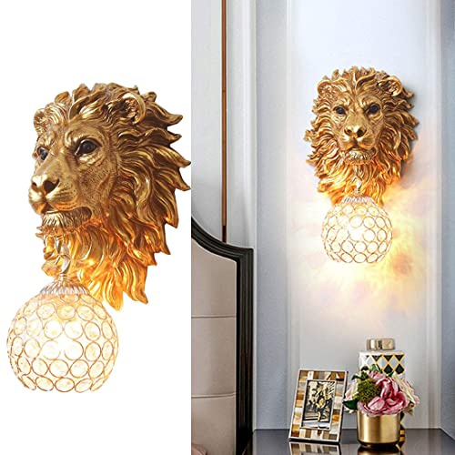 Pobllem Vintage Gold Wall Sconce Hardwired, Modern Indoor Luxury Crystal Wall Light Fixture, Resin Lion Head Decorative Wall Mounted Lamp for Living Room Bedroom Hallway Staircase
