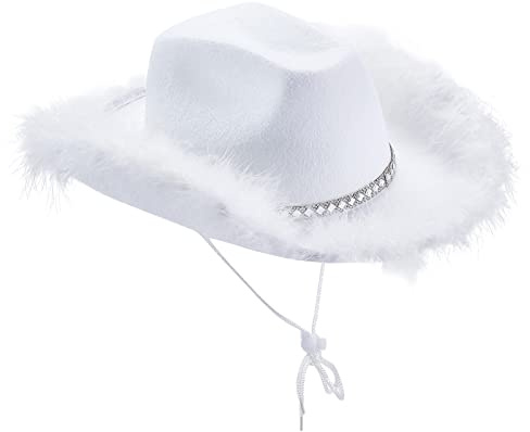 Geagodelia Damen Cowboyhut mit Flauschig und Glitzer Dekoration Cowgirl Hut Mütze Kopfbedeckung für Party Halloween Karneval Kostüm Kostümzubehör (Z - Weiß)