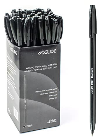 Eziglide Ballpoint Pens Black Ink 50-Pack – Black Biro Pens Multipack with Medium Point (1.0mm) for Effortless, Smooth Handwriting & Consistent Flow – Black Pens for School, Home, Office Supplies