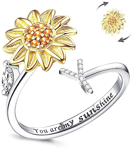Fidget Ringar för kvinnor, Kucheed Sunflower Justerbar Storlek Spinner Ring, Silver Stapelbar Stress Relief Anti-Angest Letter Finger Circle, Graverad You Are My Sunshine Inuti Smyckesringen(Y)