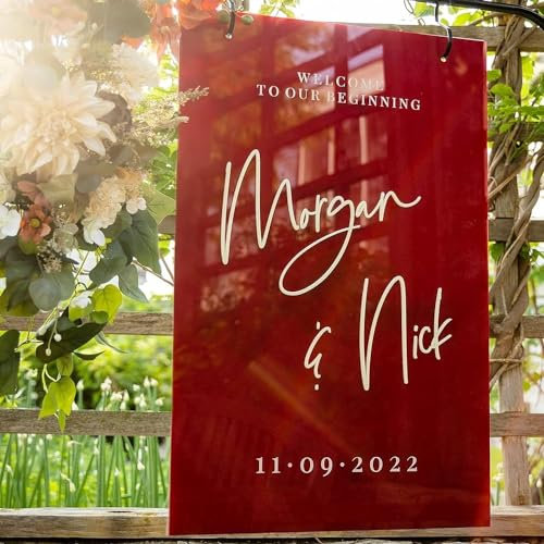 Pahdecor Panneau de mariage personnalisé en acrylique avec noms de couple et date de mariage Impression 3D Souvenirs de mariage inoubliables Décorations de mariage Bienvenue au meilleur jour
